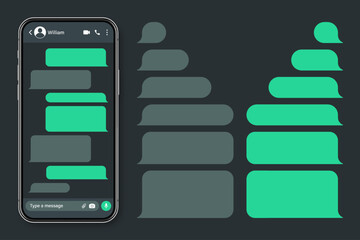 Realistic smartphone with messaging app. Blank SMS text frame. Conversation chat screen with green message bubbles. Social media application. Dark mode. Vector illustration
