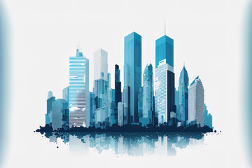 Wall Mural - a large metropolis with blue skyscrapers is shown in a drawing on a white backdrop. generative ai