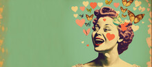Panoramic Illustration Of Woman Surrounded By Romantic Hearts And Butterflies. Valentines Day Vintage Style. Generative AI