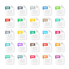Common system file formats. Document types and extensions. Flat style icons collection. Document pictogram, web design UI element, template. Computer program or application icon. Vector illustration
