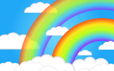 Beautiful summer 3d clouds in blue sky with realistic transparent 3d rainbow. Children vector illustration. Three dimensional style. Place for text. Kids cartoon illustration for flyer or banner. 