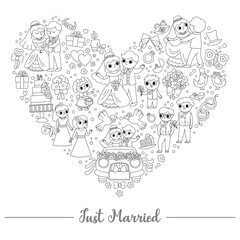 Wall Mural - Vector black and white wedding heart shaped frame with just married couple. Marriage ceremony or love concept for banners, invitations. Cute line matrimonial illustration or coloring page.