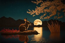 Chinese Rabbit Under The Moonlight By A River, Year Of The Rabbit, Chinese Lunar New Year 2023