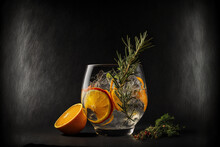 Citrus Fruit And Rosemary Topped Gin Tonic Isolated On A Dark Backdrop. Generative AI