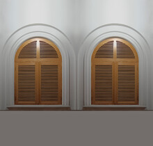 2 Two New Vintage Style Arched Windows With Wooden Shutters. Arch Windows With Wood Frame Jalousie, Blind. Exterior Of Building. White Wall Background.
