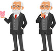 funny cartoon illustration of an old man in elegant black suit, holding a piggy bank or contemplating. A senior lawyer, professor or philosopher.