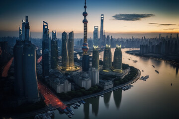 Sticker - Conceptual Ai Generated Image (not actual) - China's skyline of downtown Shanghai at dusk. Generative AI