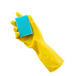 Blue sponge in yellow rubber glove on PNG background. Minimal creative cleaning service concept. 