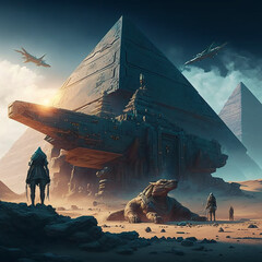 Fototapete - Pyramids made by aliens and spacecraft.