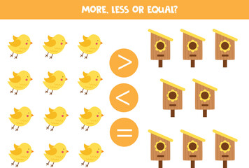More, less or equal with cute cartoon birds and birdhouses.