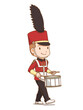 Cartoon character of marching band snare drum player.