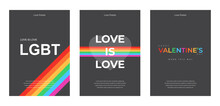 LGBT Poster Set. Happy Valentine's Day Cover On Black Background. Social Media Post Template Design. Colorful Rainbow Banner For Lgbt Community Event Vector Illustration