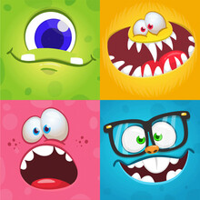 Funny Cartoon Monster Faces. Illustration Of  Alien Different Expression. Halloween Design. Great For Party Decoration Or Package Design