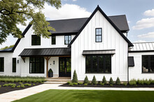 A Brand New, White Contemporary Farmhouse With A Dark Shingled Roof And Black Windows Is Seen In OAK PARK, IL, USA, On August 17, 2020. A Rock Siding Lines The Left Side Of The Home. Generative AI