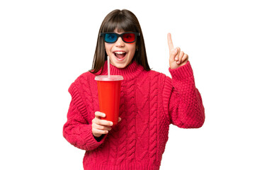 Canvas Print - Little girl holding soda over isolated chroma key background pointing up a great idea