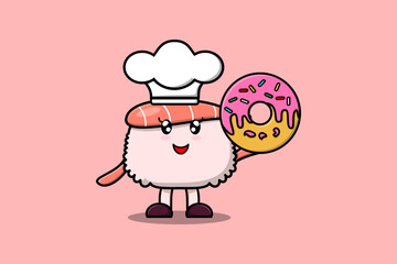 Cute cartoon Sushi shrimp chef character donuts in flat cartoon style illustration