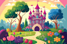 Background From A Fairytale With A Flower Meadow. Wonderland. Children's Cartoon Illustration Palace Of The Princess And Rainbow. Gorgeous Scenery Beautiful Roses And Butterfly Gardens Or Parks. Vecto