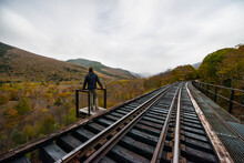 Abandoned Railroad Trestle High Above New England Autumn Forest