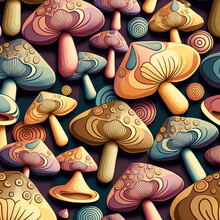 Vintage Mushrooms Pattern In Muted Colors, Adorable Mushrooms Pattern. Illustration, Generative Art