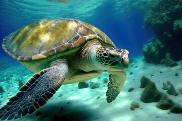 Wall Mural - Swimming in the Mediterranean Marine is a sea turtle. Generative AI