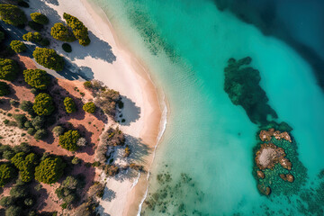 Wall Mural - Aerial image of the blue water at Kalamaki Beach, Greece's south shore of the Athens Riviera, in the summer. Generative AI