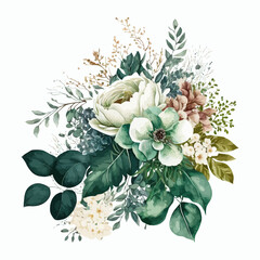 Poster - Watercolor floral illustration - bouquet with bright white vivid flowers. Decorative elements template. Flat cartoon illustration isolated on white background