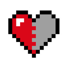 Half Red Pixel Heart Isolated , 8-bit Style Pixel Art. Vector Illustration.