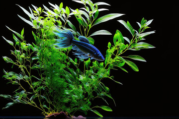Poster - a young plant in blue with a solid black backdrop. Generative AI