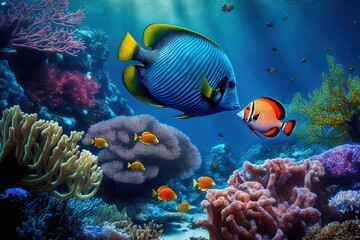 Wall Mural - fish and coral reefs underwater. Generative AI