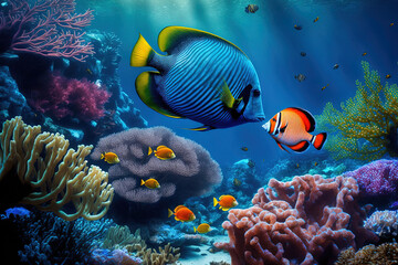 Sticker - fish and coral reefs underwater. Generative AI