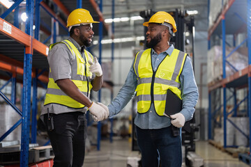 Wall Mural - African american working in warehouse check forklift truck loading carton box smile check hand