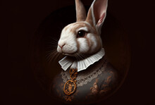 Rabbit Aristocrat. Vintage Outfit With Ruff. White Millstone Collar. Generative Ai Art. Antique Style Portrait Of A Bunny In Ruff Collar.