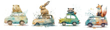 Safari Animal Set Bear, Fox, Hare And Raccoon In Cars In Watercolor Style. Isolated Vector Illustration