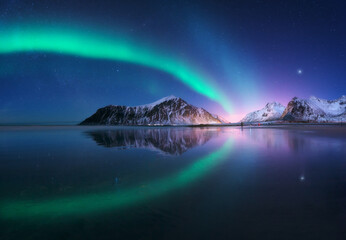 Wall Mural - aurora borealis and beach in lofoten islands, norway. beautiful northern lights. starry sky with pol
