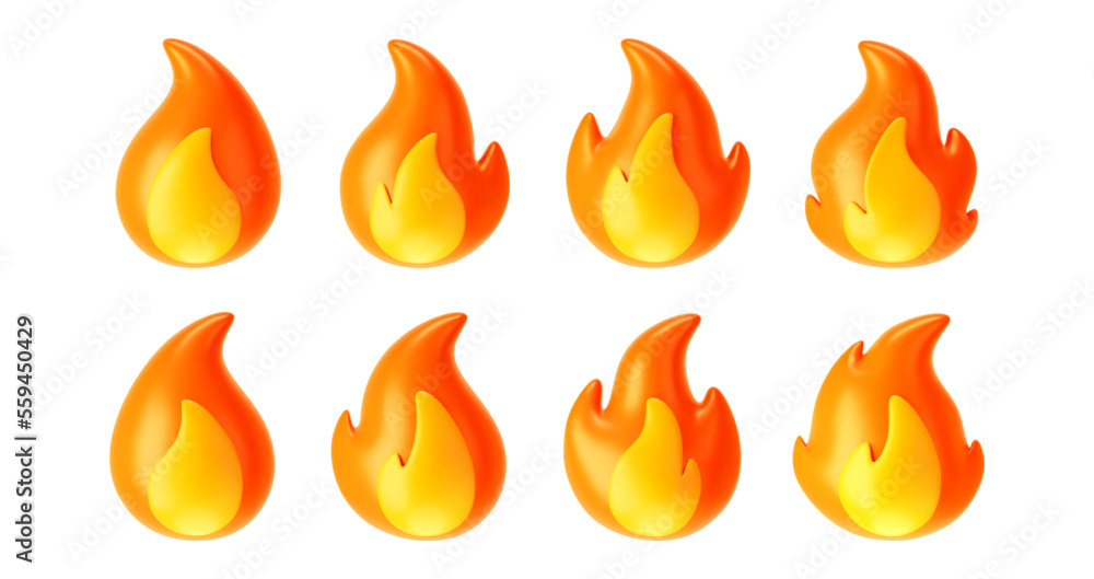 3d fire flame icons set isolated on white background. Render sprite of ...