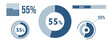 © Kostiantyn - 55% percentage infographic set. Fifty-five circle diagram, pie donut chart, progress bar. 55 percent loading data icon. Vector concept collection.