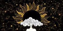 Mystical Banner For Astrology, Zodiac And Horoscope, Woman On Black Space Background With Golden Sun And Constellations. Esoteric Spiritual Vector Illustration, Divination.
