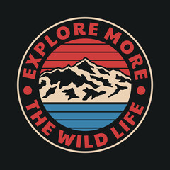 mountain with striped sky and sea illustration outdoor vector artwork with a slogan on black backgro