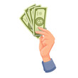 Hand holding banknotes vector illustration. Cartoon fingers of rich man hold cash paper money pile to pay and exchange, spend and give dollar banknotes, human arm with fan of currency on shopping