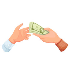 Two hands exchange cash money vector illustration. Cartoon person holding stack of dollar banknotes to buy and give money for payment or investment, offer of bribe, donation or finance reward