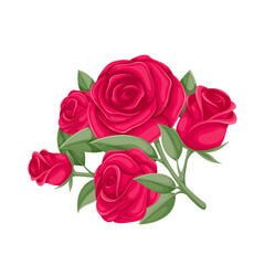 Wall Mural - Red roses vector illustration. Cartoon flowers with petals, buds and green leaf on branch for fresh floral decoration, bouquet for wedding or Valentines Day, rose blossom on stem from summer garden