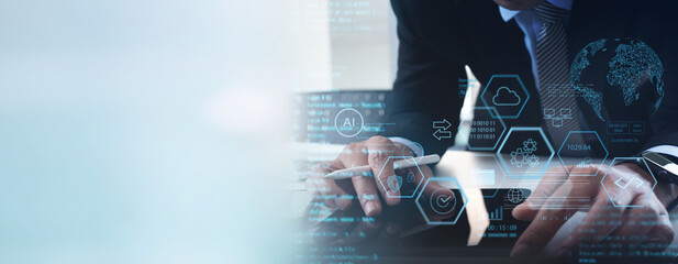 Wall Mural - data management system, information technology. analyst using tablet with business analytics connect