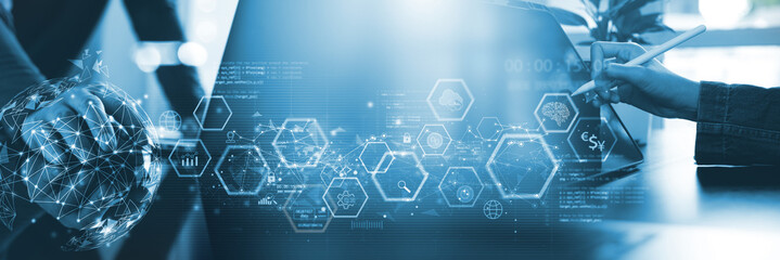 Computer programmer team working with global business network and data exchange, Data science technology and internet network on Digital networking. software development, cloud technology