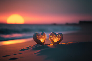 Two pink heart on sunset beach with bokeh light background. Love valentine and nature concept. Generative AI