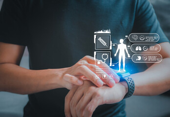 Concept of The technology to check health with smart watch. Futuristic smart watch technology male looking at watch checking health. holographic icon user interface.