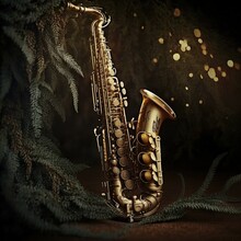  A Saxophone Sitting On Top Of A Wooden Floor Next To A Forest Filled With Trees And Leaves, With A Light Shining On The Ground Behind It And A Dark Background With A Few Leaves., Generative Ai