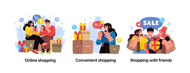 Online shopping and E-commerce concept set. Sale, orders, online payment, delivery, loyalty program. Visual stories collection