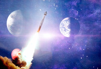 Wall Mural - shuttle launch in the clouds to outer space. dark space with stars on background.spaceship flight. e