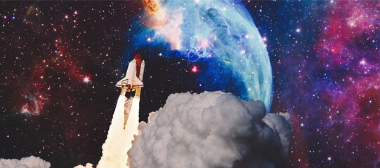Wall Mural - shuttle launch in the clouds to outer space. dark space with stars on background.spaceship flight. e
