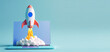© Studio Multiverse - Rocket launch on laptop, flying rocket icon, business startup project concept. 3d render illustration